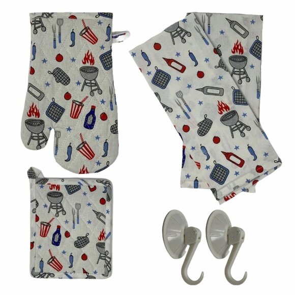 Oven Mitt Pot Holder and Tea Towel Set BBQ Grilling Theme 4 PC Kitchen - Picture 1 of 5